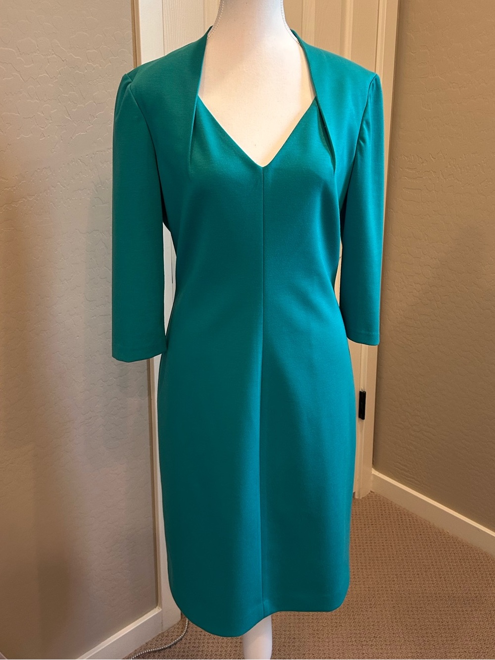 Stunning Tailored Teal Sheath Dress with Portrait Collar Overlay Size 10